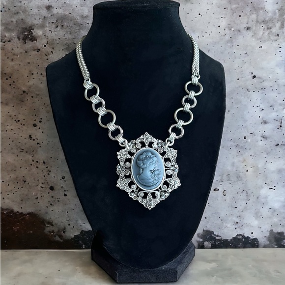 Stainless steel necklace double wheat chain blue grey cameo - Picture 2 of 11